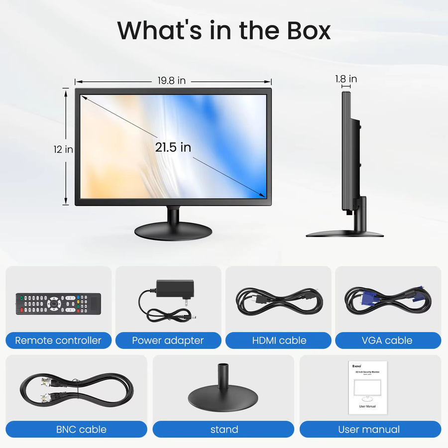 Eyoyo Desktop-Monitor 21,5 Zoll Full HD 1920 x 1080p 75 Hz in Schwarz mit HDMI, VGA, AV, BNC und USB Anschlüssen sowie integrierten Lautsprechern für CCTV-NVR - Bild 5