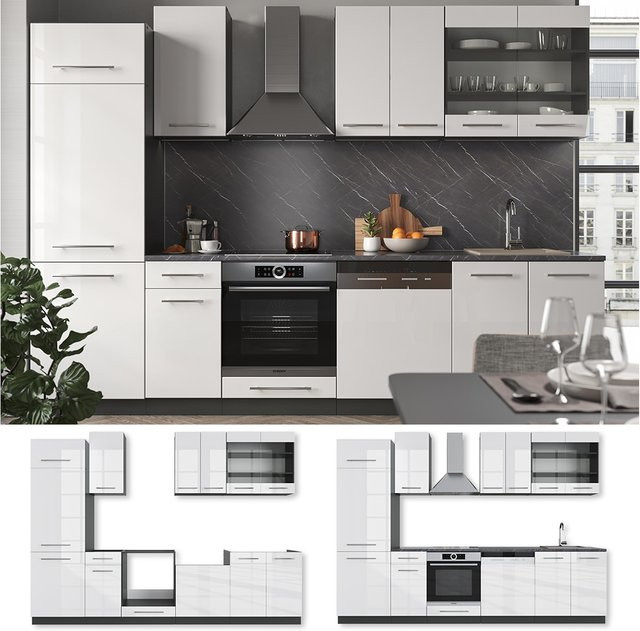 Vicco Fame-Line Küchenzeile Weiß Hochglanz und Anthrazit, Breite: 300 cm - Bild 1