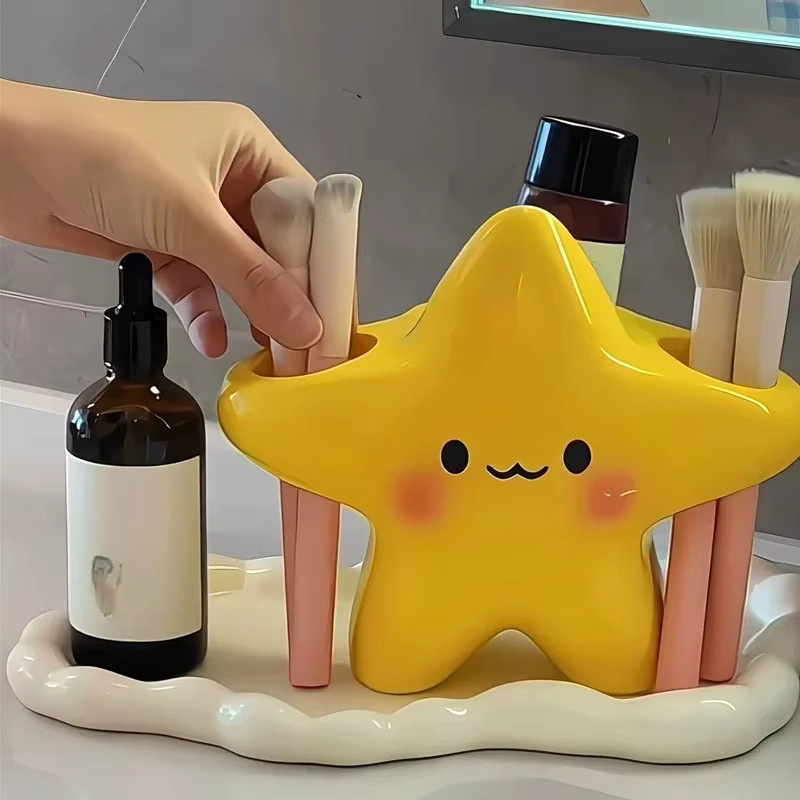GOT-TOG Sternförmiger Zahnbürstenhalter mit Gesichtsdesign in Gelb, Platzsparender Badezimmer-Organizer und Make-up-Pinselhalter - Bild 2