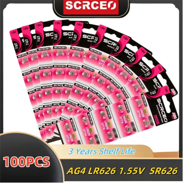 100 Stück SCRCEO Alkaline Knopfzellen AG4 LR626 1,55 V Silber für Spielzeug, Rechner und Uhren - Bild 1