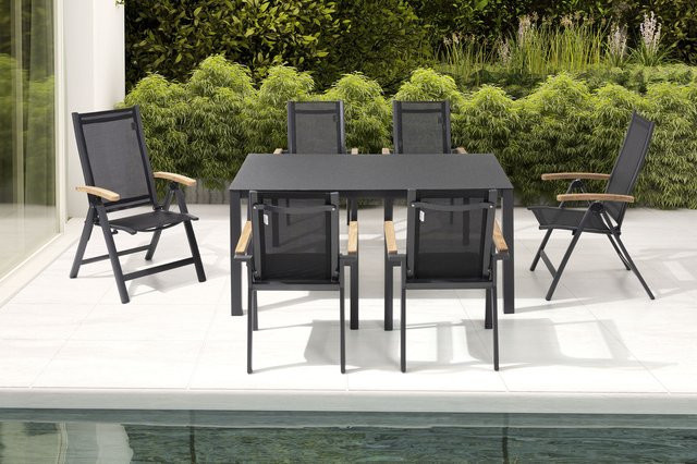OUTFLEXX Garten-Essgruppe in Anthrazit Matt mit Aluminium, Spraystone und Teak-Armlehnen, Tisch B: 160 cm, T: 95 cm, inklusive 4 Sesseln und 2 Klappstühlen - Bild 1