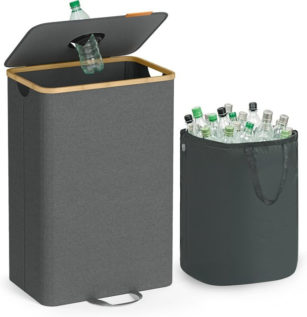 SONGMICS Flaschencontainer mit Deckel und Innensack, Recycling-Behälter für die Küche, grau-beige, Volumen: 100 l, B: 42,0 cm, T: 70,5 cm, H: 42,0 cm - Bild 1