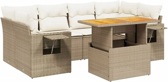 vidaXL 7-tlg Garten-Sofagarnitur L-Form aus PE-Rattan und Akazienholz in Beige und Cremeweiß mit UV-beständigen Kissen - Bild 1
