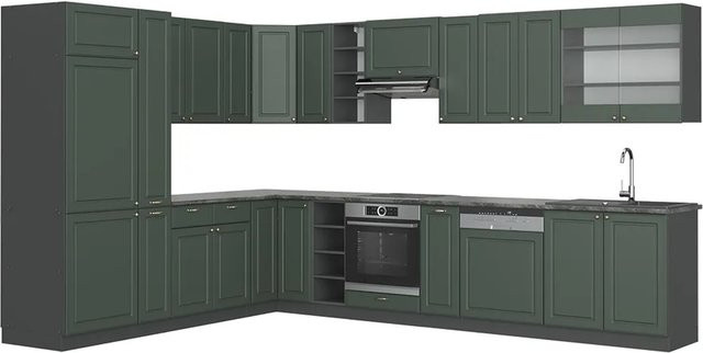 Vicco Eckküche Fame-Line Landhausstil in Anthrazit Grün Gold, B/T/H: 347 x 257 cm - Bild 2