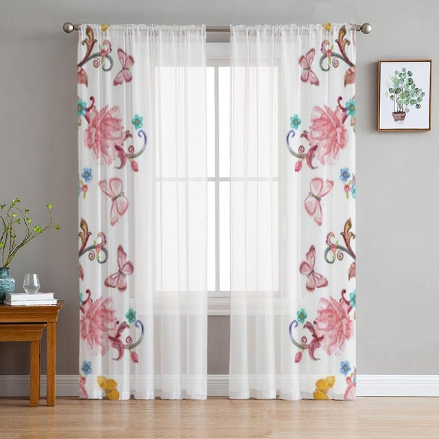 Super Six Transparentes Tüll-Drapierungspaneel mit Blumen- und Schmetterlingsmuster in Weiß, Breite: 135 cm, Höhe: 114 cm - Bild 1