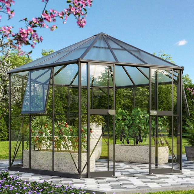 Vitavia Gewächshaus Galaxis 9000 Schwarz mit 9 m² Anbaufläche, Kombiverglasung und Fundamentrahmen - Bild 1