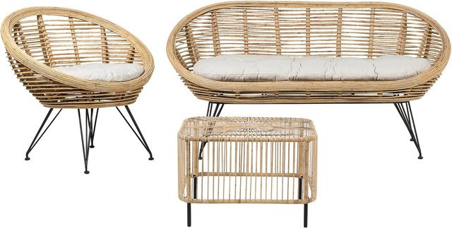 Beliani Gartenmöbel Set MARATEA/CESENATICO in Hellbeige mit 2-Sitzer Rattansofa, Sessel, Tisch und Ottoman - Bild 1