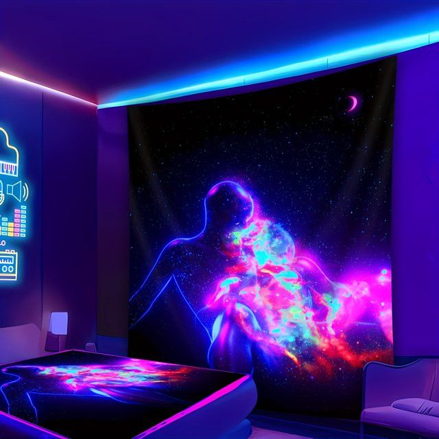 VIKAMA Galaxy Paar Wandteppich mit Halbmond und Sternenhimmel Design für dein Schlafzimmer, Wohnzimmer oder Musikstudio - Bild 1