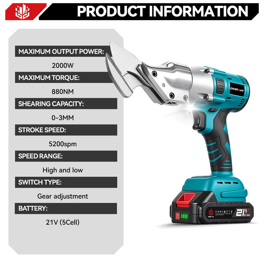ONEVAN Bürstenlose elektrische Blechschere 2000W 880N.M kabellos für Makita 18V Akku, Metall- und Lederblechschneider in Petrol - Bild 3