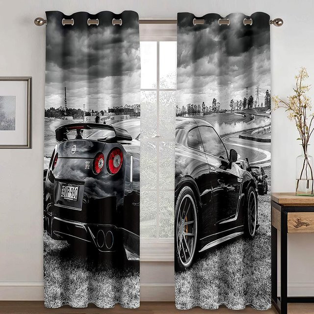 2er-Set semi-transparente Vorhänge mit 3D-Druck Motiv Flugzeug Lkw und Auto von A Family Of Home Textiles, Breite: 50 cm, Höhe: 60 cm, Mehrfarbig - Bild 1