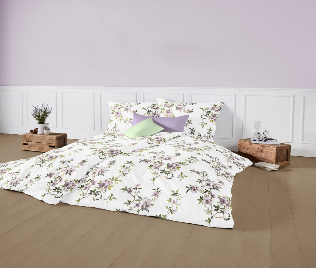 Fleuresse Interlook Jersey Bettwäsche Blütenzweige lila flieder mit Deckenbezug und Kissenbezug B/H: 135 x 200 cm - Bild 1