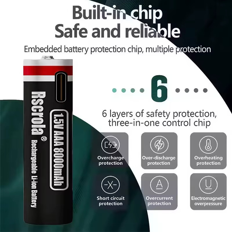 Rscrola AAA Li-Ionen-Wiederaufladbare Batterie mit 8000mAh und USB-C Schnellladung, Schwarz - Bild 5