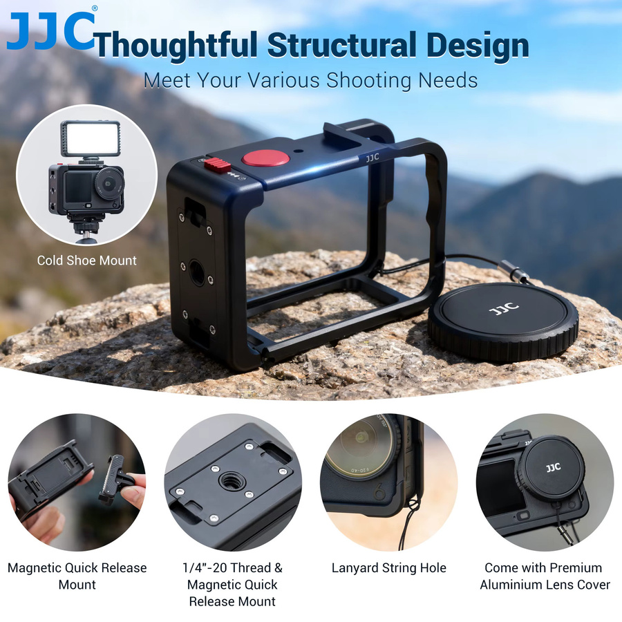 JJC Metallkäfig für DJI Osmo Action 6 in Schwarz aus Aluminiumlegierung mit Kaltschuh-Objektivdeckel - Bild 2
