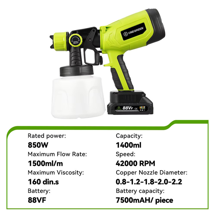 ONEGREEN Kabellose elektrische Spritzpistole 850W in Grün mit 1400 ml Behälter für Makita 18V Akku - Bild 2