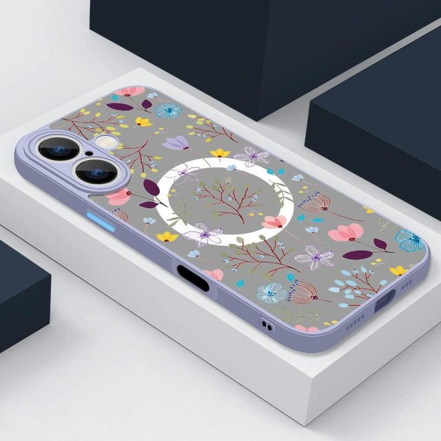 Magsafe Handyhülle mit Blumenmuster für Apple iPhone 16 Pro Max 15 14 13 12 11 7 8 Plus Mini, stoßfeste Acryl-Schutzhülle mit weichen Kanten, grau und transparent - Bild 1