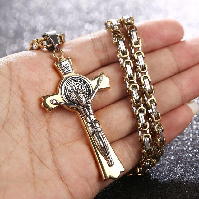 Halskette Edelstahl, Byzantinische Kette, Kreuz, Unisex, brown - Bild 1