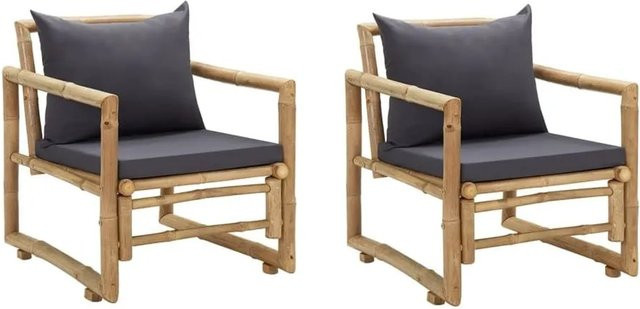 Furnicato Gartenstuhl Set aus Bambus mit grauen Polsterkissen, 2er Pack, rustikales Design mit Armlehnen - Bild 1