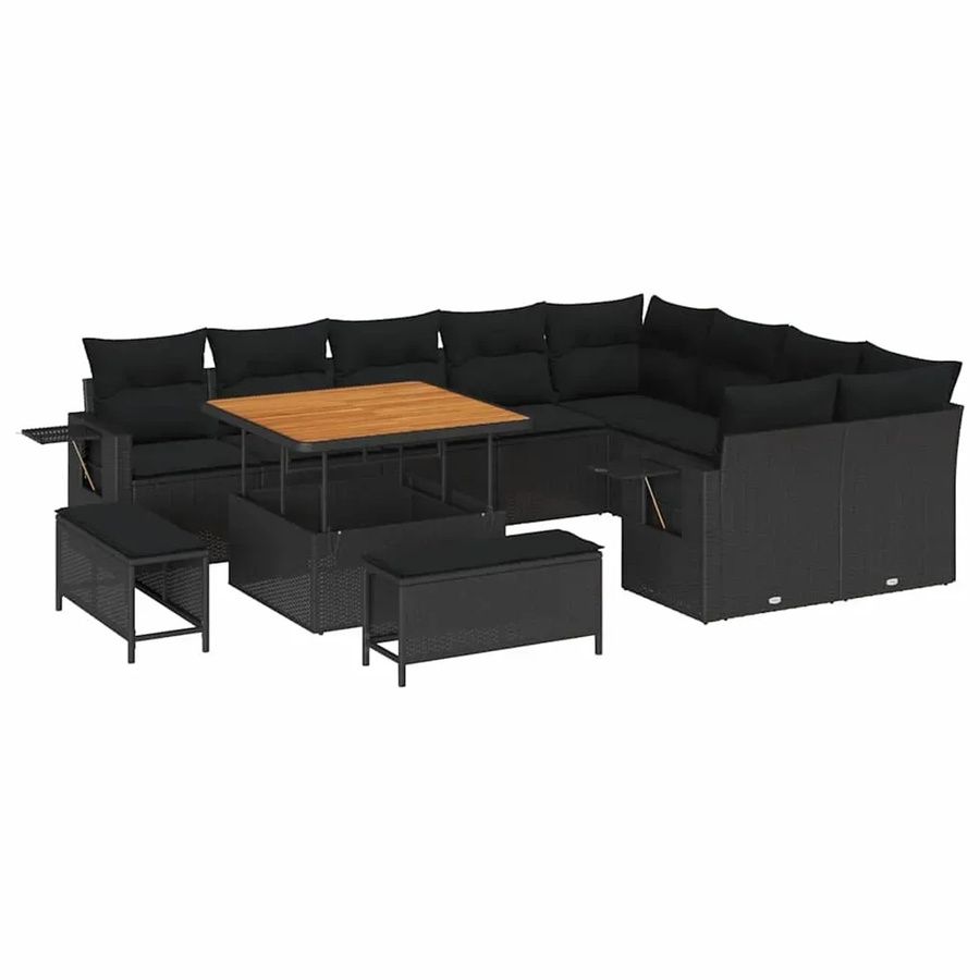 vidaXL Garten-Sofa-Set 12-teilig in Schwarz aus Poly-Rattan und Akazienholz mit Polsterkissen in U-Form - Bild 2