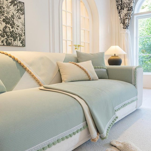 Rutschfester Chenille Sofaüberwurf mit Quasten in Grün, Universal Couchhusse als Schutzbezug für dein Wohnzimmer, Breite: 70 cm, Breite: 70 cm - Bild 1