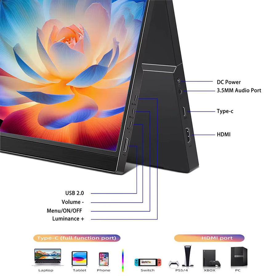 Pisichen Tragbarer 17,3 Zoll Monitor mit USB-C und HDMI, Externer LCD-Bildschirm in Schwarz für PC, Mac, Laptop, Smartphone, Xbox und Switch - Bild 2