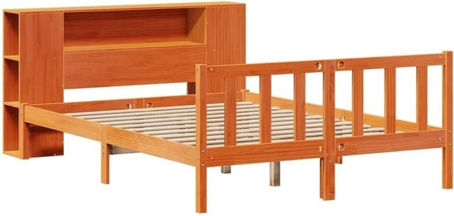 vidaXL Massivholzbett aus Kiefernholz mit Regal in Braun, rustikaler Stil, B/T/H: 140 x 200 cm - Bild 1