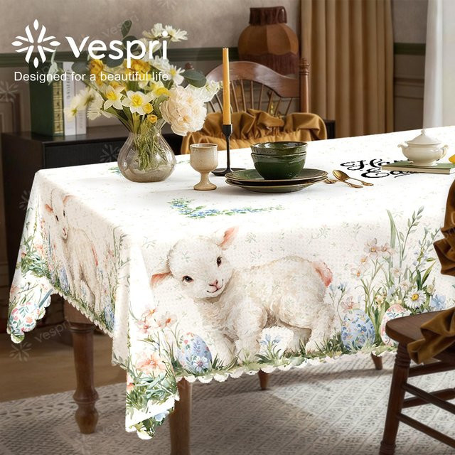 Vespri Oster-Tischdecke mit Lamm- und Blumenmuster in Weiß-Grün aus Polyester für Party und Dekoration - Bild 1