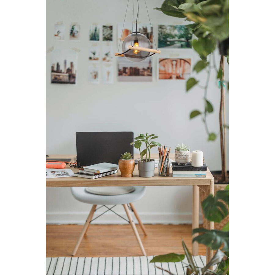 Globo Pendelleuchte modern in Schwarz und Natur mit Glas und Holz, B/T/H: 35 x 33,5 x 120 cm, E27 - Bild 2