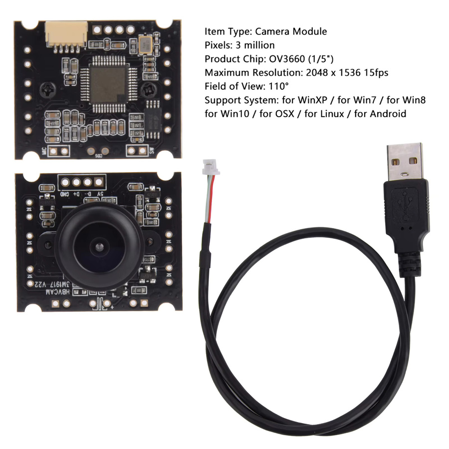 Qiilu OTG USB-Kameramodul mit OV3660 Chip, 2048 x 1536 Auflösung, 15 FPS und 110 Grad Weitwinkel, Schwarz - Bild 2