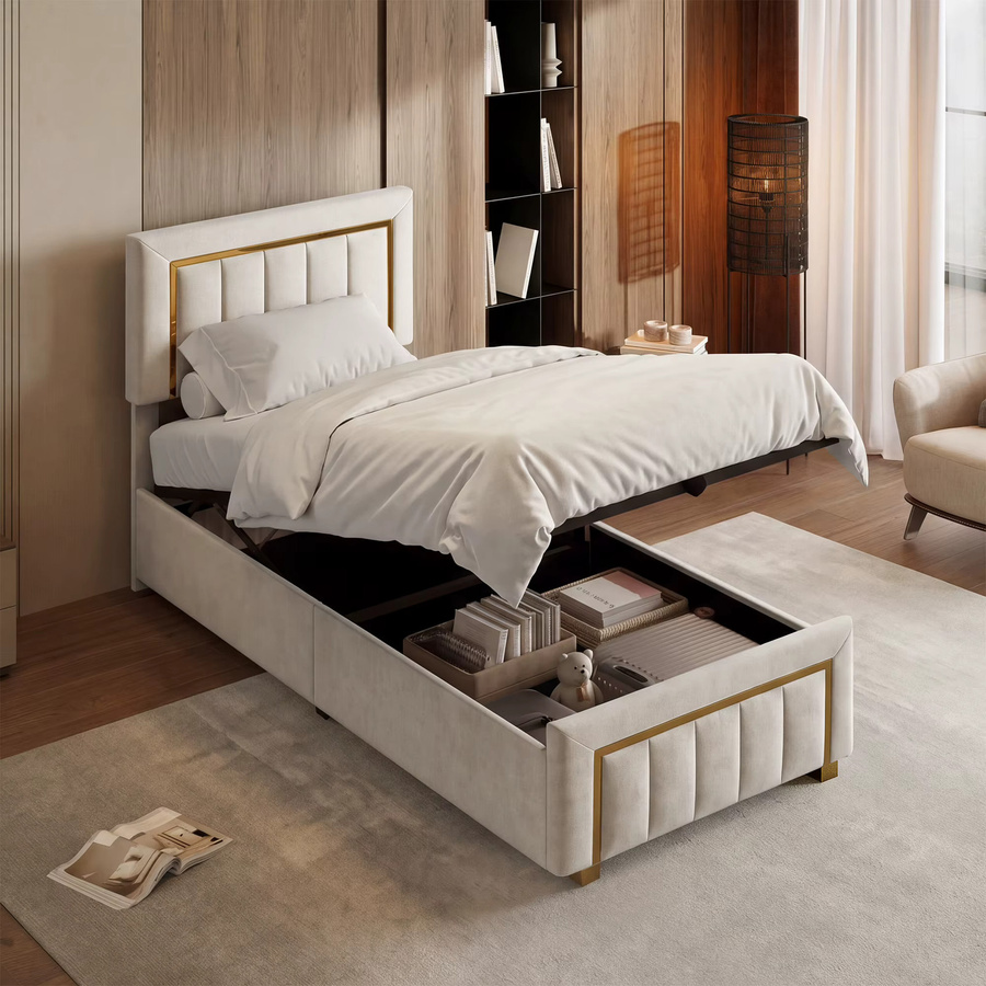FEEOHOME Polsterbett mit Stauraum in Cremeweiß und Gold, Einzelbett aus Samt mit höhenverstellbarem Kopfteil und Gasdruckfeder, B/T: 90 x 200 cm - Bild 6