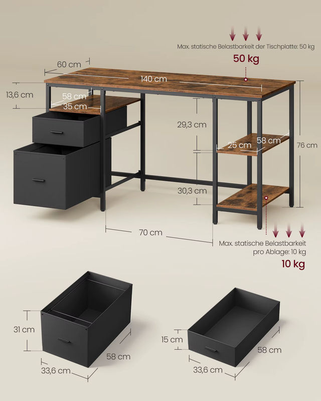 Vasagle Schreibtisch mit 3 Ablagen in Braun-Schwarz, B/T/H: 140 x 60 x 76 cm - Bild 6