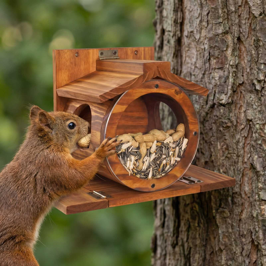 Holz Eichhörnchenfutterhaus mit rundem Futterloch und Montagebasis für den Garten - Bild 2