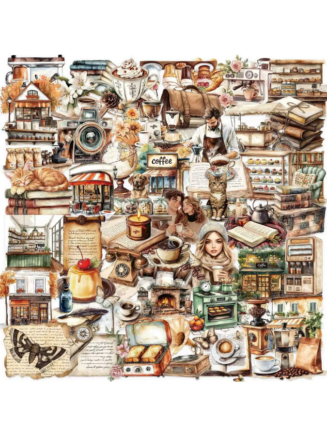 50 Stück Transparente Vintage Kaffee-Aufkleber von Papery Pop Store - Wasserfeste PET-Sticker in Mehrfarbig für Scrapbooking und Dekoration - Bild 4