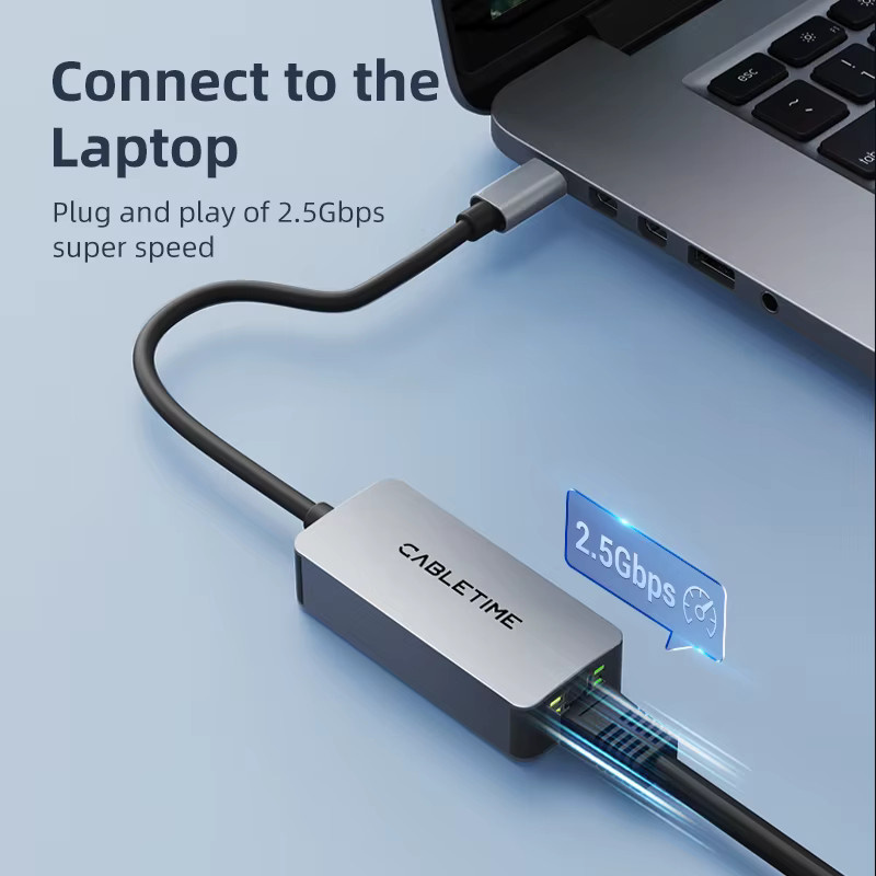 CABLETIME USB C Ethernet Adapter 2,5G 2500Mbps RJ45 LAN Netzwerkkarte mit USB-A und USB-C Anschluss in Grau - Bild 3