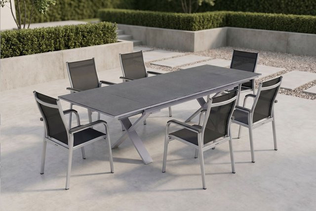 Kettler BasicPlus Garten-Essgruppe aus Aluminium in Silber und Anthrazit mit ausziehbarem Tisch und 6 Stapelsesseln, Tisch B: 180 bis 280 cm, B: 100 cm - Bild 1