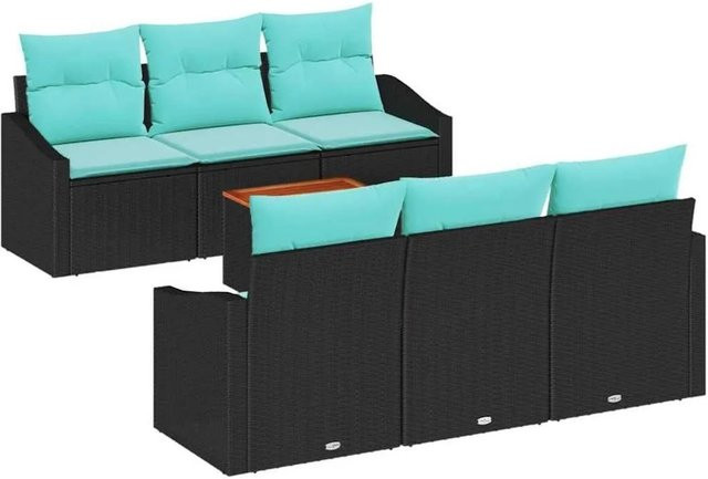 7-teiliges vidaXL Gartensofa-Set aus Poly-Rattan und Akazienholz in Schwarz mit Kissen und Tisch - Bild 1