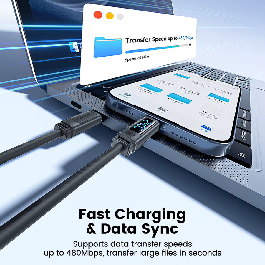 Toocki USB-C Silikon-Datenkabel mit digitalem Display, 240W PD 3.1 Schnellladung, Schwarz - Bild 6
