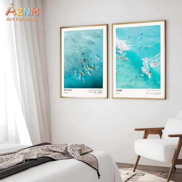 AZNM Leinwanddruck Aerial Beach Surfing in Türkis, ungerahmte Wandkunst mit Küsten- und Ozean-Motiv für dein Schlafzimmer oder Studentenwohnheim - Bild 1