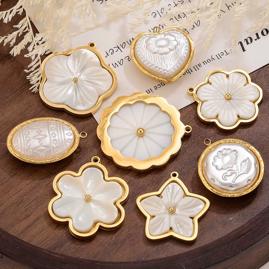 Elomia Charms Anhänger, Edelstahl, Vergoldet, Herz Oval Blume Muschel, Damen - Bild 2