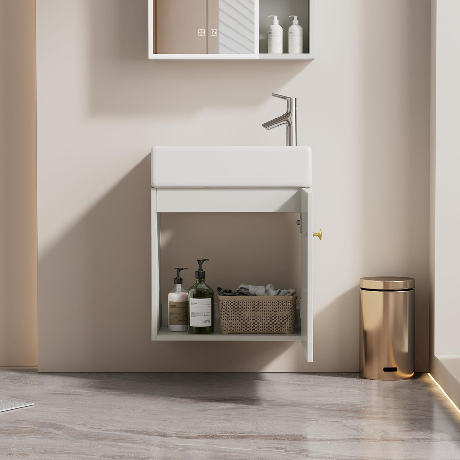 Hängendes Waschbecken mit Unterschrank von LY in Weiß mit Stauraum und Keramik-Waschbecken, B/T/H: 46 x 26 x 56 cm - Bild 2