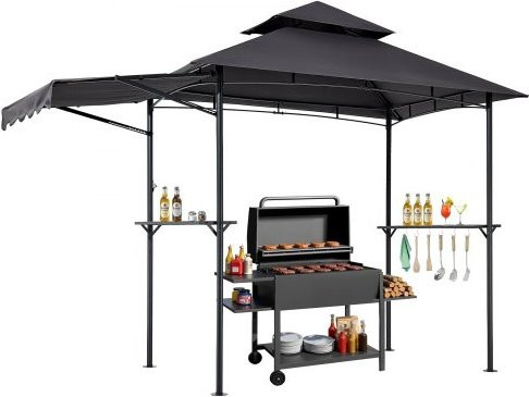 VEVOR Grillpavillon mit Doppeldach und Markise, Grillüberdachung aus Stahl mit Regalen, B/T/H: 243 x 150 x 250 cm, Grau/Schwarz - Bild 1