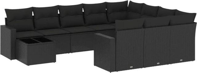 vidaXL 11-tlg. Garten-Sofagarnitur in L-Form aus Polyrattan mit Kissen und Couchtisch, Schwarz - Bild 1
