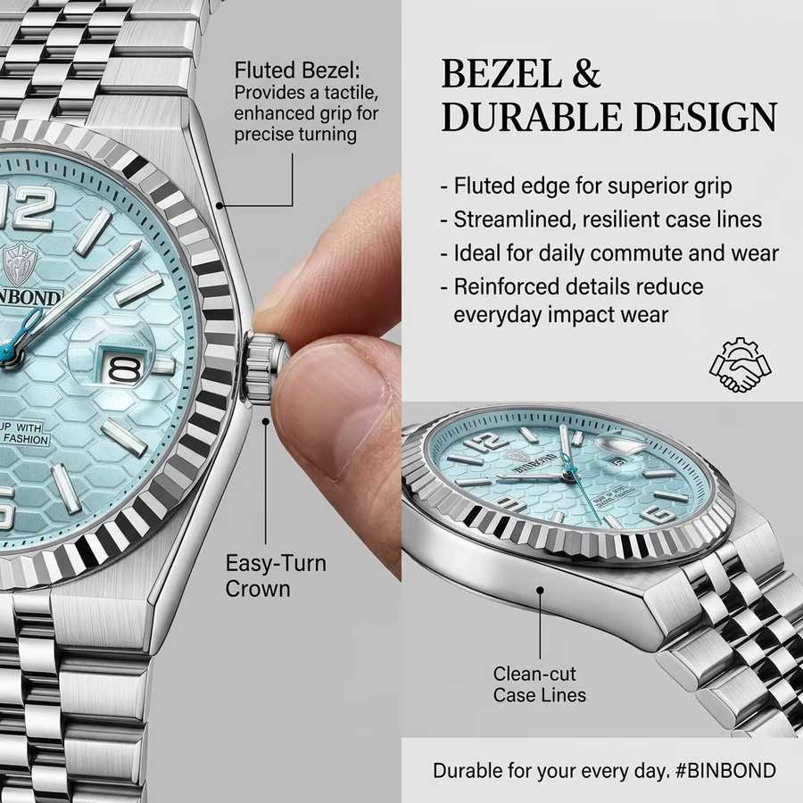 BINBOND Armbanduhr Edelstahl, Quarz, Blau, Silber, Unisex, Datum - Bild 2