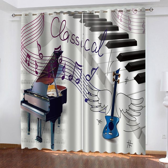 Dünne Vorhänge mit Klavier- und Musiknoten-3D-Muster für Wohnraum und Schlafzimmer, Mehrfarbig, B: 100 cm, H: 130 cm - Bild 1