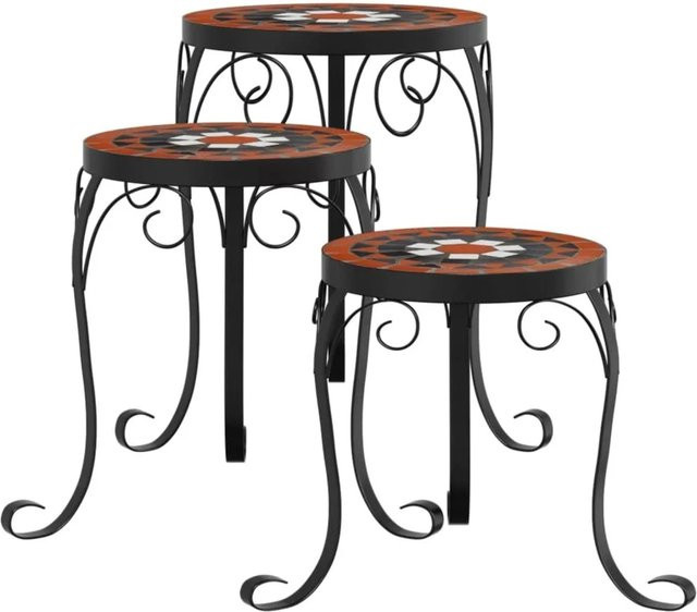 vidaXL Pflanzenständer Set aus 3 Stück mit Keramik und pulverbeschichtetem Eisen im mediterranen Mosaik-Design in Terrakotta und Weiß - Bild 1