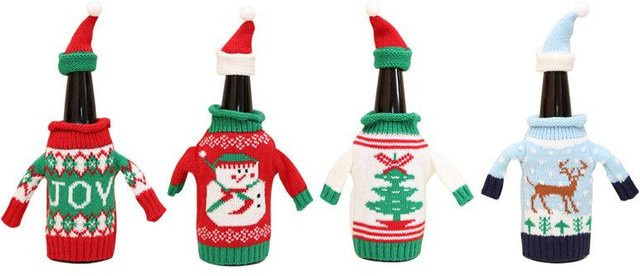 4er-Set Neoglint Weihnachtsflaschenüberzug handgestrickt in Weiß mit Cartoon-Design zur Dekoration von Weinflaschen - Bild 1