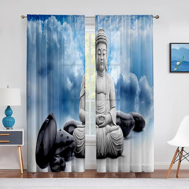 Yiran Furniture Transparenter Tüll-Voile-Vorhang mit Buddha-Motiv, 2er-Set, Breite: 65 cm, Höhe: 60 cm - Bild 1
