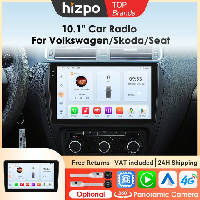 Hizpo Android 14 Autoradio mit 10,1 Zoll Display und GPS für VW Volkswagen Skoda Octavia Golf 6 Touran Passat B6 Polo Jetta in Schwarz - Bild 1