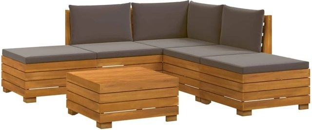 vidaXL Outdoor-Sofagarnitur aus Massivholz Akazie in Braun mit 6 Teilen und Kissen in Dunkelgrau - Bild 1