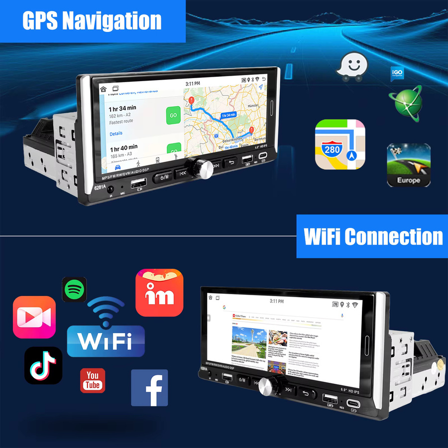 ESSGOO Android 15 Autoradio mit 6,9 Zoll Touchscreen, 4+64 GB, 1 DIN, kabelloses CarPlay, Android Auto, Bluetooth, GPS, WiFi und Lenkradsteuerung in Schwarz - Bild 3