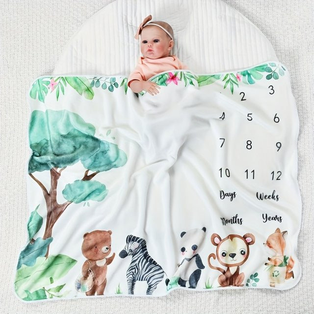 VIKAMA Baby-Fotografie-Decke mit Cartoon-Wildtier- und Baummotiv in Multicolour für Neugeborene, Taufe und Meilenstein-Erinnerungen - Bild 1